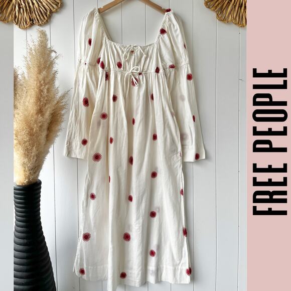Free People dress maxi embroidered cotton linen color white/red size small NWOT - Picture 5 of 12